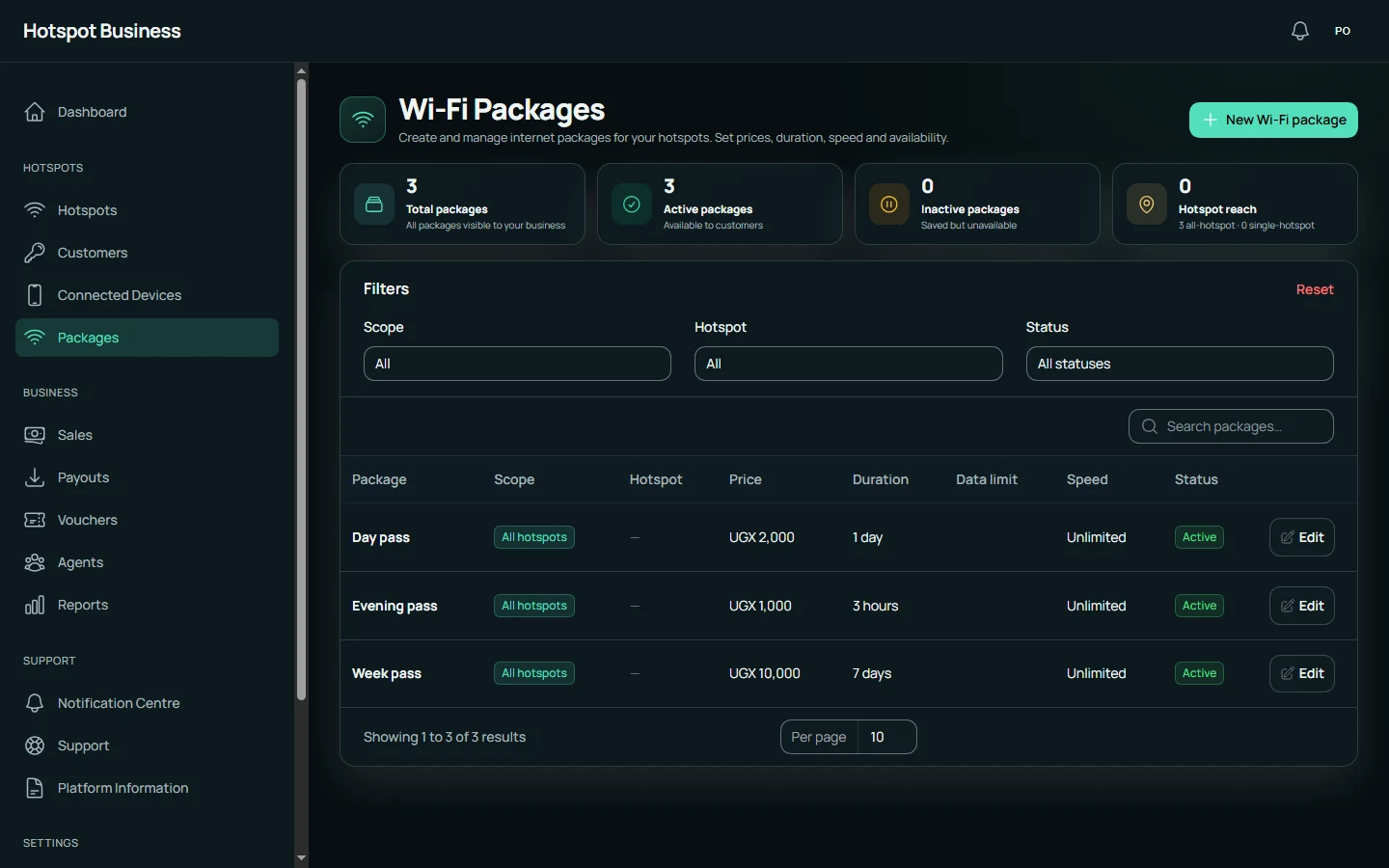 Hotspot Business Owner packages screen with demonstration records.