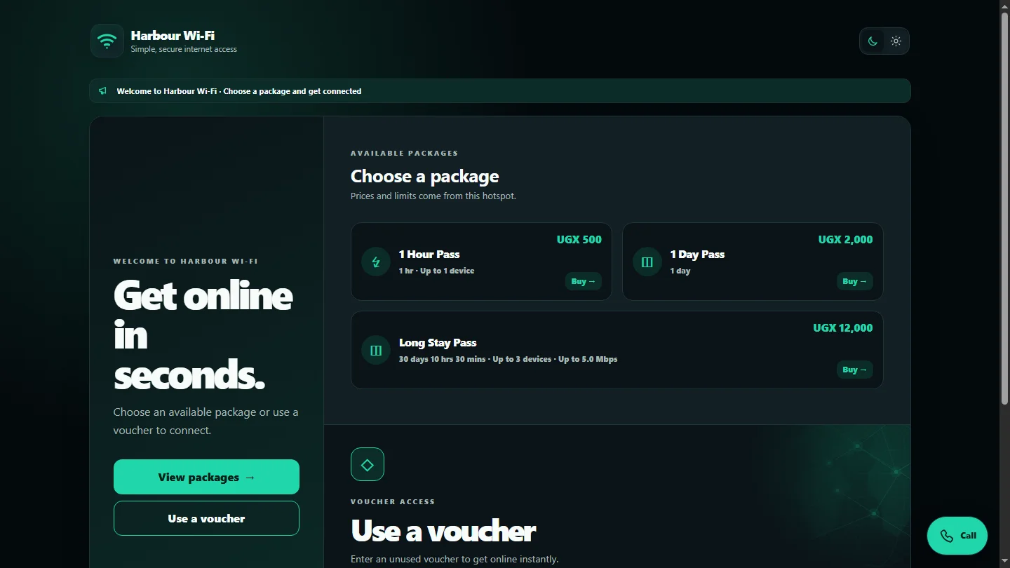 Hotspot Business captive portal shown on a desktop display