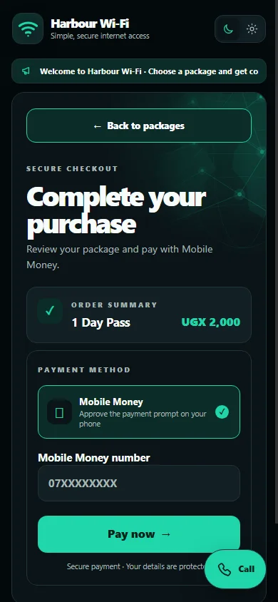 Hotspot Business captive portal shown on a smartphone